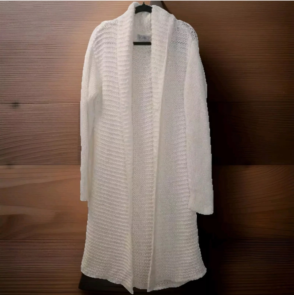 Avorwe Duster Cardigan Sweater Woman 42 US Lg Acrylic Wool Cable Knit Ivory Boho